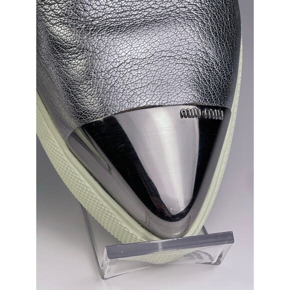 Miu Miu Silver Leather Pointed Toe Slip On Sneakers Loafers Sz 5.5 Prada - Picture 3 of 10